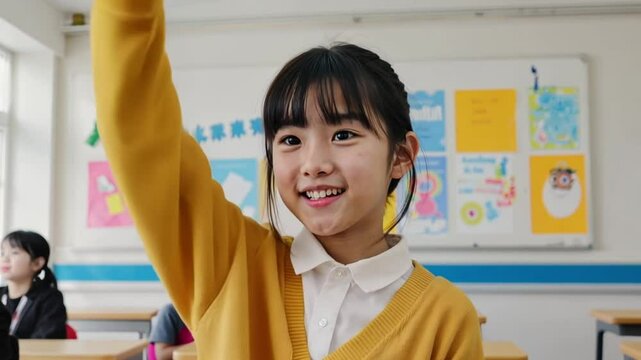 A cheerful young Asian girl in a yellow sweater raises her hand eagerly in a bright classroom. Concept of active learning, student engagement, and curiosity in education.