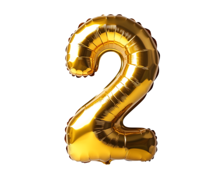  Gold Number 2 Foil Balloon on Transparent Background