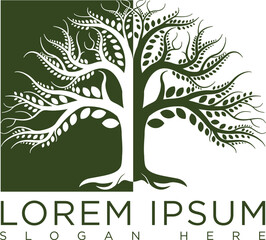 Obraz premium Minimalist dark green tree logo symbolizing growth, sustainability and nature. Modern vector design with clean lines, suitable for eco-friendly businesses, agriculture, conservation organizations.