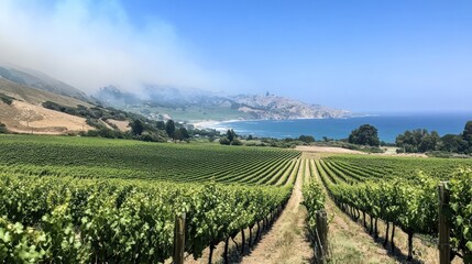 Fototapeta premium Coastal Vineyard Panorama: Rows of Grapevines meet the Ocean
