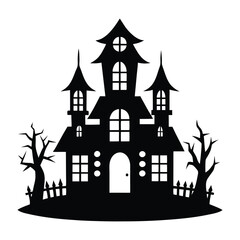 Haunted House Silhouette with Bats and Spooky Atmosphere for Halloween