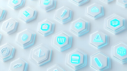 Futuristic Hexagonal Icons in Soft Blue Glow on Minimalist Background