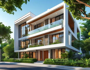 three-story residential building with a focus on modern architectural elements. The building features a white exterior, sleek glass balconies, and wooden accents on doors and railings. 