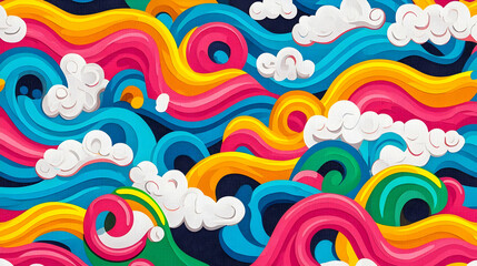 Fototapeta premium Colorful Abstract Waves with Swirling Patterns and Floating Clouds
