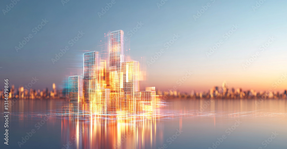 Poster a vibrant urban skyline with shimmering buildings powered by solar energy reflects in calm waters at