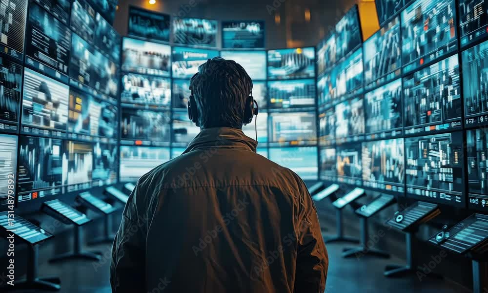 Poster person wearing headphones observes multiple large screens displaying various data and images in a co