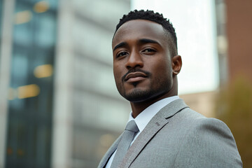 Fototapeta premium Generative AI portrait of a confident businessman in a stylish suit standing in a modern cityscape with urban skyscrapers