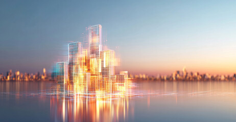 A vibrant urban skyline with shimmering buildings powered by solar energy reflects in calm waters at sunset. The scene captures the harmonious blend of nature and technology in modern ecology.