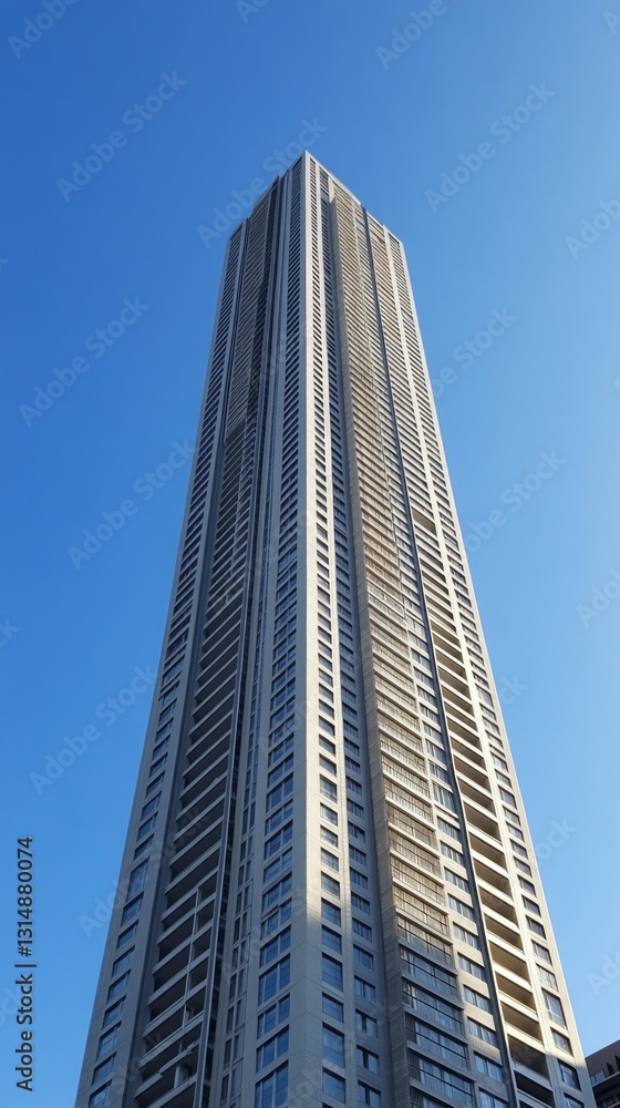 Poster a towering skyscraper stretches towards a clear blue sky, emphasizing its sleek lines and modern des