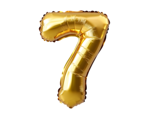  Gold Number 7 Foil Balloon on Transparent Background