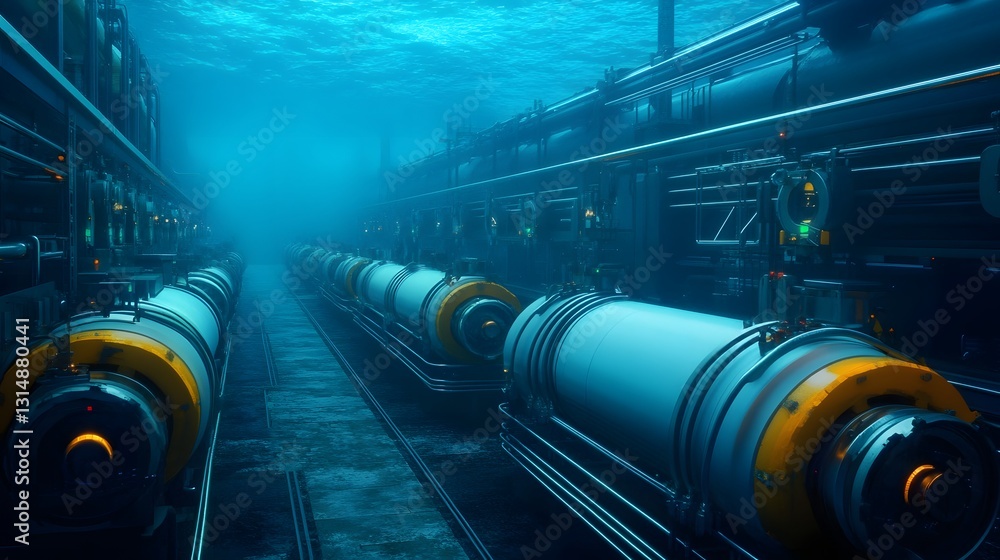 Poster high-tech underwater factory performing welding and other tasks on submerged marine structures