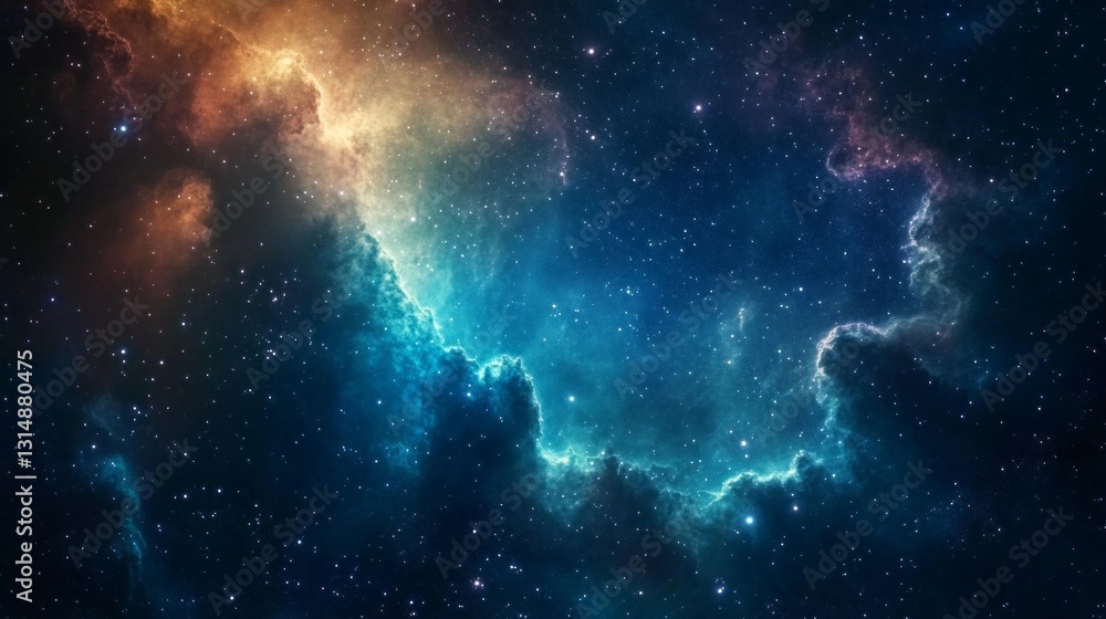 Poster vivid hues of blue and orange blend seamlessly in an expansive cosmic canvas, where twinkling stars 