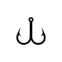 Black silhouette of a sharp fishing hook with dual pointed ends for catching fish in open waters.