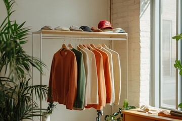Cozy sweaters and stylish hats displayed indoors during a sunny day in a boutique shop