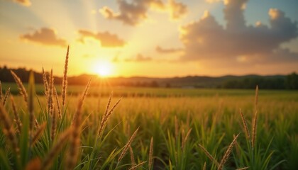 Fototapeta premium Warm sunset glow illuminating a serene green field during a relaxing summer evening