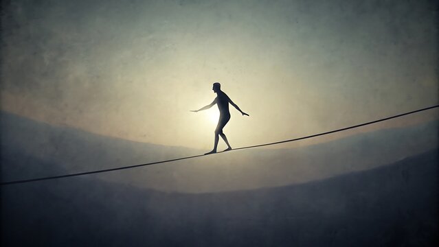 Silueta negra de una persona caminando sobre una cuerda floja con un palo de equilibrio, simbolizando riesgo, precisi&oacute;n y determinaci&oacute;n para lograr el equilibrio.