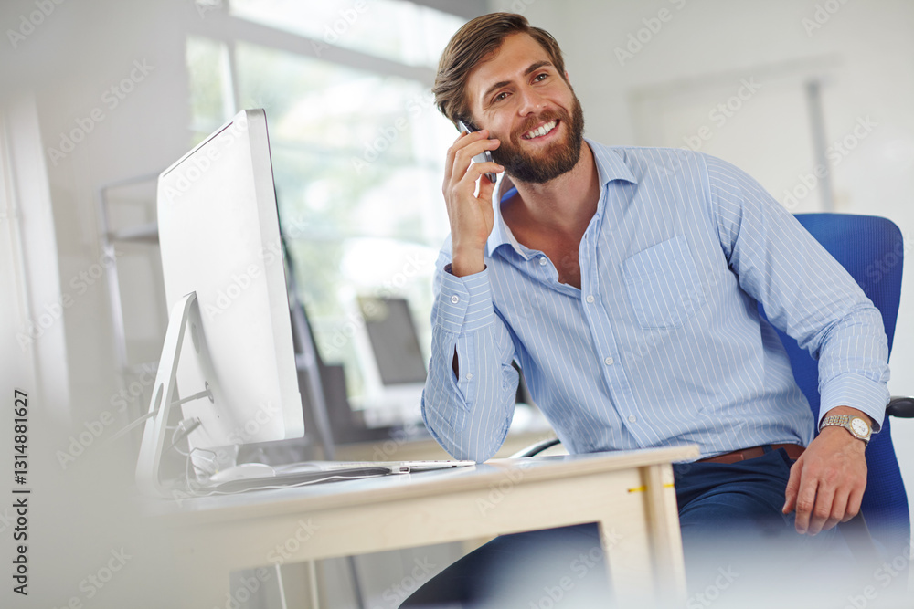 Poster man, architect and phone call in office, update and online for consultation on floor plan. property,