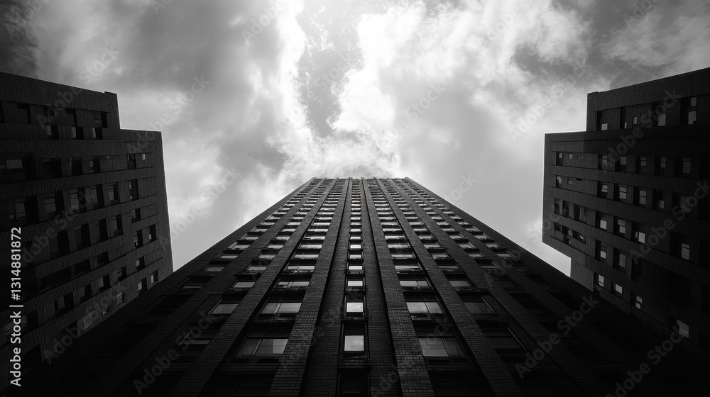 Poster amidst towering buildings, dark clouds loom overhead, creating a moody atmosphere. architectural lin