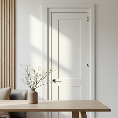 Close up of dining table with flower vase against white door with wooden stripes. Minimalist scandinavian home interior design of modern living room. 