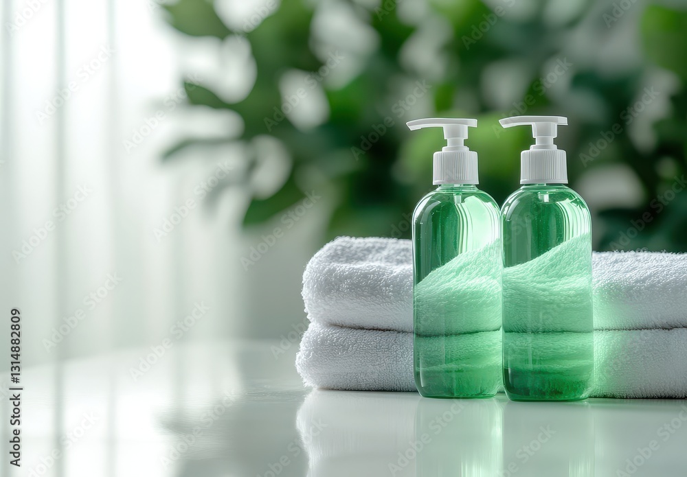 Poster two transparent bottles of green liquid soap next to folded towels in a serene spa-like environment 