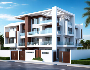 modern residential apartment complex with a clean white exterior and glass balconies. Include landscaped greenery, small palm trees, and a well-paved entrance. 