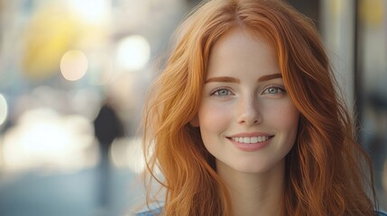 Naklejka premium A smiling young woman with long, wavy red hair and freckles wears a denim jacket over a light hoodie.