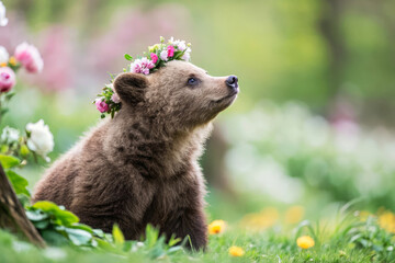 Obraz premium Young Bear with Flower Crown Surrounded by Colorful Spring Blossoms in Nature