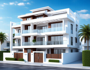 modern residential apartment complex with a clean white exterior and glass balconies. Include landscaped greenery, small palm trees, and a well-paved entrance. 