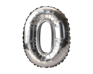 Silver Number 0 Foil Balloon on Transparent Background.