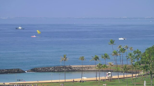 Tropical beach with palm trees and parasailers over the ocean in Honolulu, Hawaii in 4k slow motion 60fps