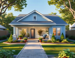  a single-story middle-class home with a light blue exterior and a sloped roof. The house includes a small front porch with potted plants, a cozy garden area, and a paved pathway leading to the entry.