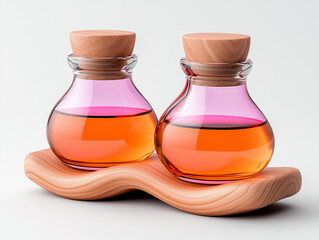 Elegant amber oil bottles on wood stand. Product display with perfume glass bottles