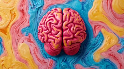 Obraz premium Surreal Brain Surrounded by Swirling Microplastics, Symbolizing Cognitive Impact