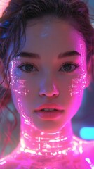 Obraz premium Close-up portrait of a person with blue eyes and neon pink and blue glow creating a futuristic atmosphere
