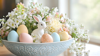 A whimsical Easter centerpiece with colorful eggs, a playful bunny figure, and spring flowers in a vintage-inspired ceramic bowl.