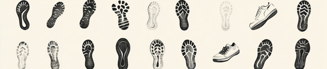 A large set of footprints in different styles, each representing various shoes or emotions