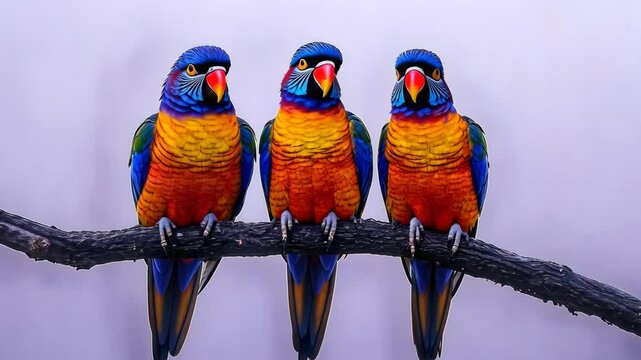 Colorful parrots sitting on a branch in a vibrant display captured in a serene setting