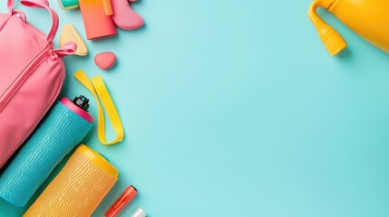 Colorful school supplies & gym items on blue background; back to school; advertisement