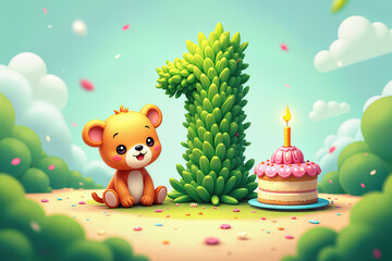 Greeting card for 1 year. A cheerful bear sits beside a cake with a lit candle, next to a large number one made of leaves, celebrating a first birthday.