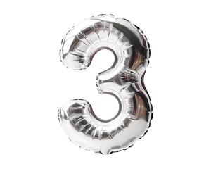 Silver Number 3 Foil Balloon on Transparent Background.