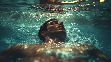 A swimmer in a red swimsuit dives underwater, stretching one arm forward.