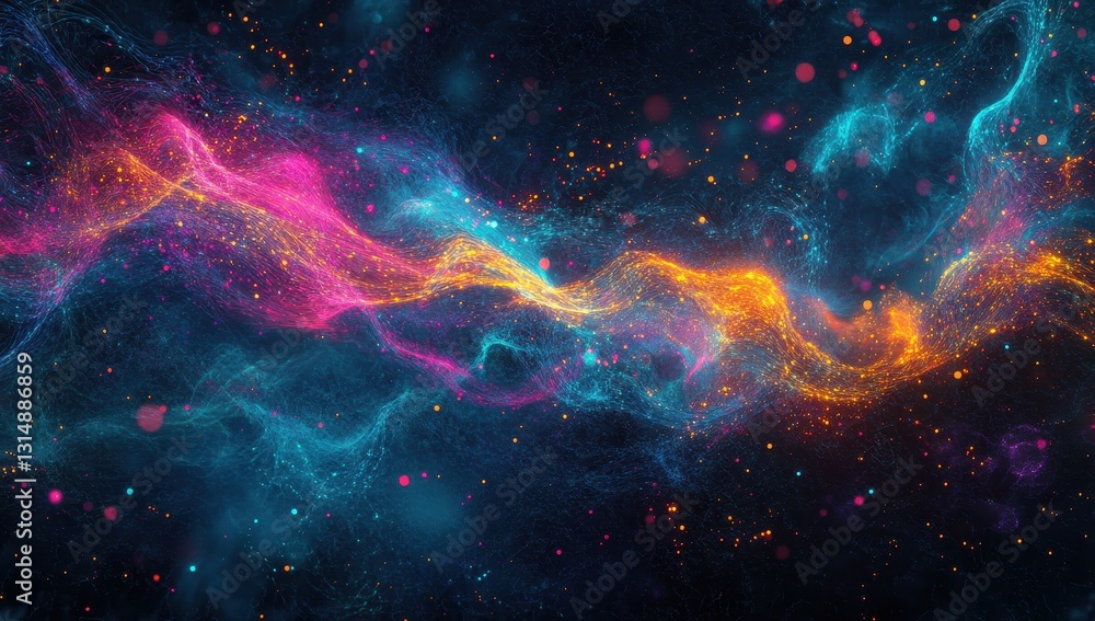 Poster vibrant abstract cosmic background with colorful swirls, glowing particles, and starry effects in de