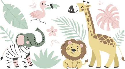 Naklejka premium Beautiful stock illustrations set with cute flamingo lion toucan zebra elephant monkey. Isolated naive style drawing. Safari animal clip art. Childish hand drawn painting AI, EPS, PNG, JPEG File.