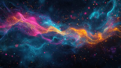 Fototapeta premium Vibrant Abstract Cosmic Background with Colorful Swirls, Glowing Particles, and Starry Effects in Deep Dark Space for Creative Design Projects