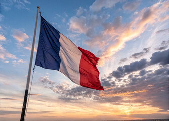 French Flag Waving at Sunrise