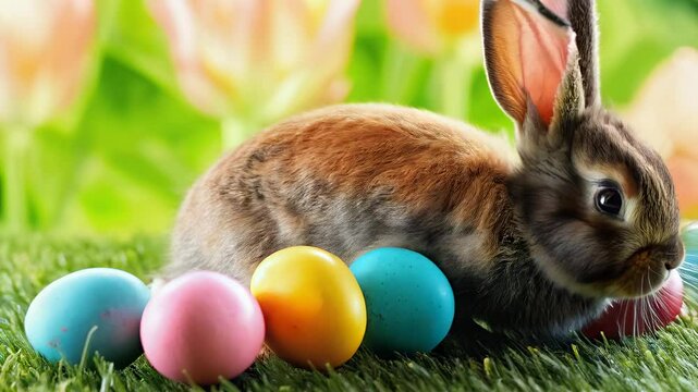 Osterhase hoppelt zwischen bunten Ostereiern 