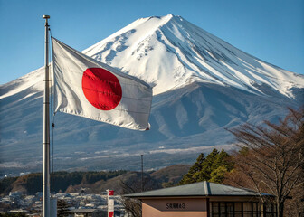 Japanese Flag with Mount Fuji, Iconic Japanese Landscape
