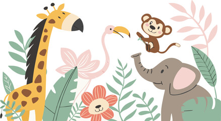 Beautiful stock illustrations set with cute flamingo lion toucan zebra elephant monkey. Isolated naive style drawing.  Safari animal clip art. Childish hand drawn painting AI, EPS, PNG, JPEG File.