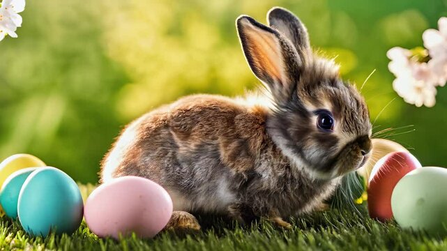Osterhase hoppelt zwischen bunten Ostereiern 