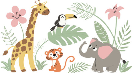Beautiful stock illustrations set with cute flamingo lion toucan zebra elephant monkey. Isolated naive style drawing.  Safari animal clip art. Childish hand drawn painting AI, EPS, PNG, JPEG File.